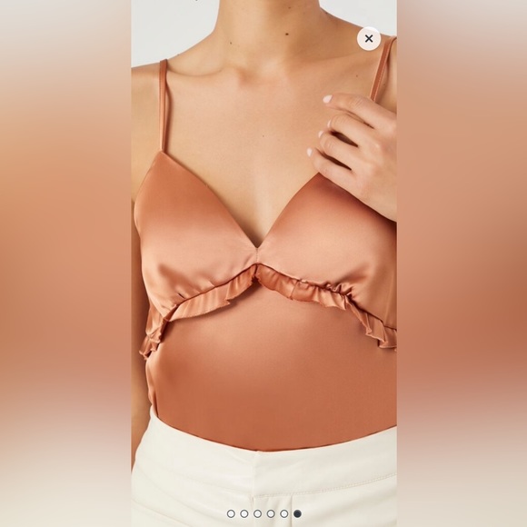 Forever 21 Tops - Satin Ruffle-Trim Bodysuit (toasted almond, M)